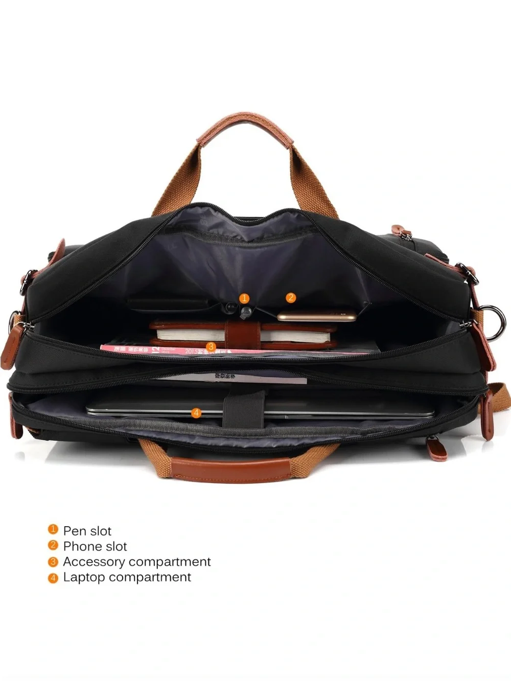 Convertible Black Briefcase Messenger Bag w/ Tan Accents hidden backpack straps